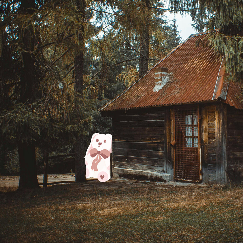 Cartoon rabbit hiding behind a cabin in the woods.