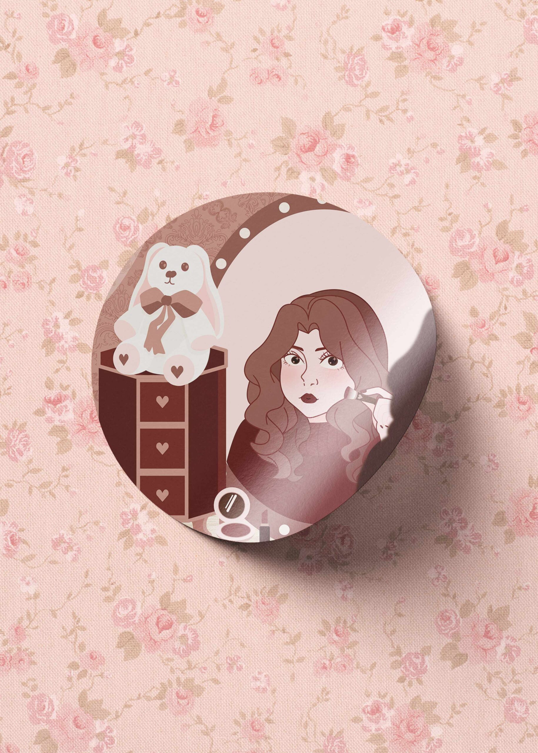 Circular sticker with Hide and Shriek animation frame. A girl does her makeup in a mirror with her stuffed animal next to her.